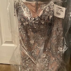 Montage by Mon Cheri Women’s dress size 18. Silver and a pale pink color.
